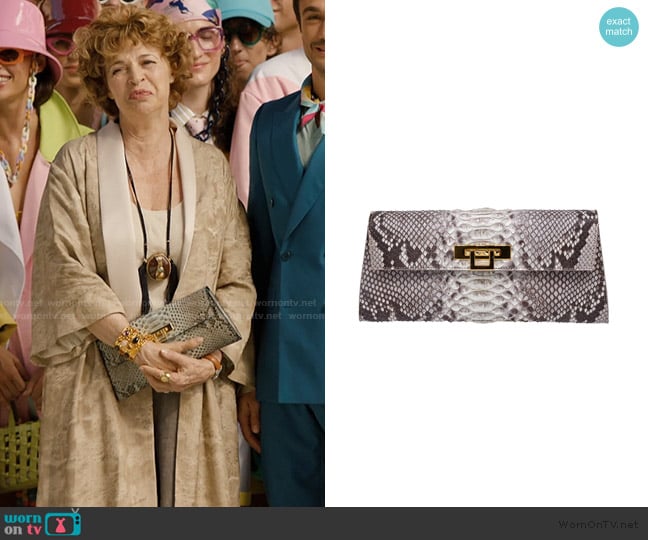 Lalage Beaumont Fonteyn Clutch Pythonskin Handbag worn by Antonia Muratori (Anna Galiena) on Emily in Paris