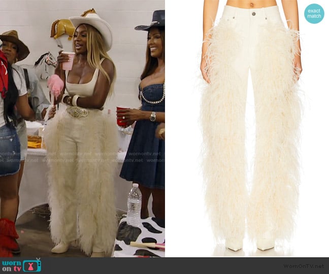 Lapointe Denim Pant With Feathers worn by Wendy Osefo on The Real Housewives of Potomac