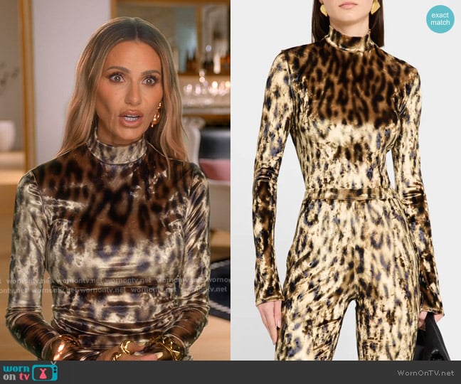 Lapointe Leopard-Print Velvet Mock-Neck Bodysuit worn by Dorit Kemsley on The Real Housewives of Beverly Hills