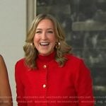 Lara’s red knit cardigan nad front slit pants on Good Morning America