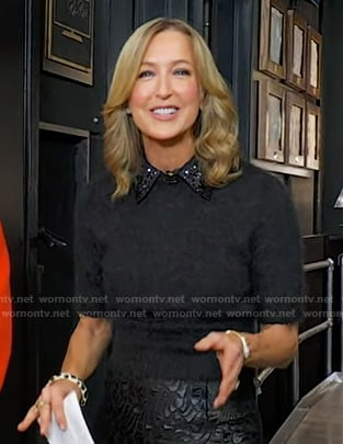 Lara’s grey short sleeve sweater with embellished collar on Good Morning America
