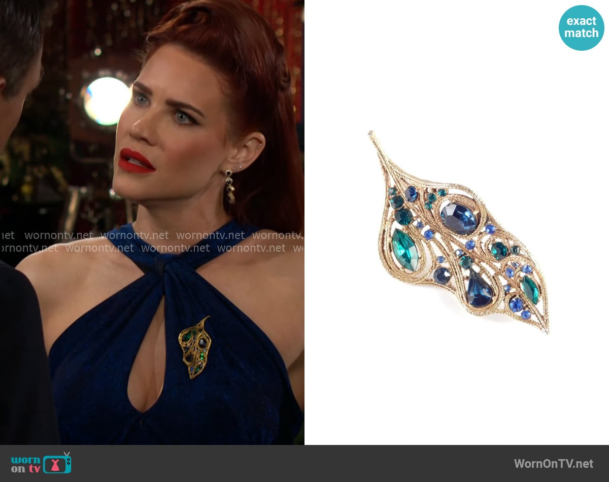 LaRoco Vintage Paisley Rhinestone Leaf Brooch Pin worn by Sally Spectra (Courtney Hope) on The Young and the Restless