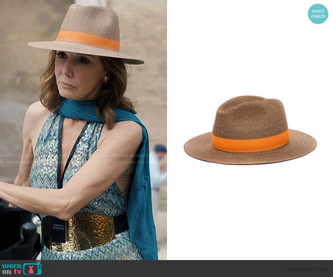 Lastelier Portofino orange trimmed straw hat worn by Sylvie (Philippine Leroy-Beaulieu) on Emily in Paris