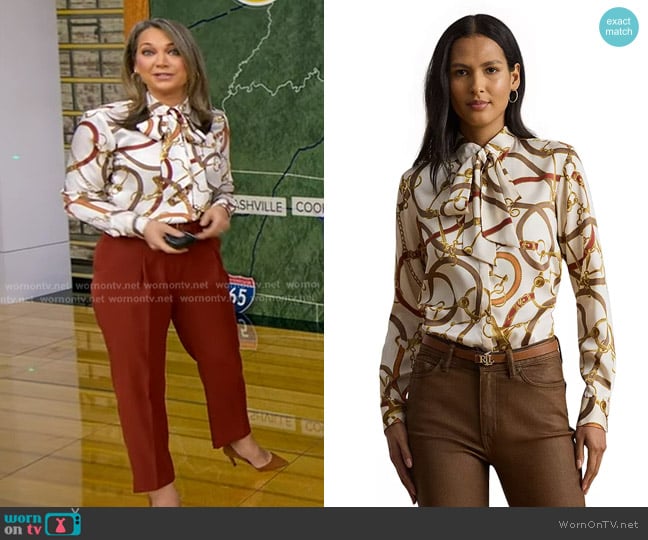 Lauren Ralph Lauren Classic Fit Print Twill Tie-Neck Shirt worn by Ginger Zee on Good Morning America