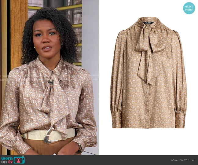 Lauren Ralph Lauren Geo-Print Twill Tie-Neck Blouse worn by Janai Norman on Good Morning America