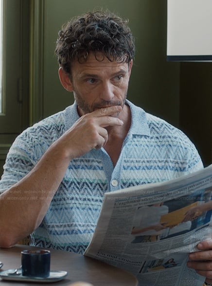 Laurent's blue chevron pattern shirt on Emily in Paris