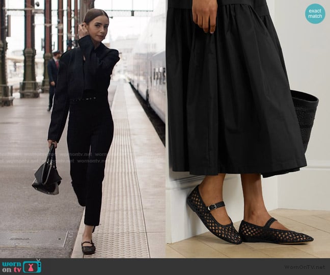 Le Monde Beryl Woven leather Mary Jane ballet flats worn by Emily Cooper (Lily Collins) on Emily in Paris