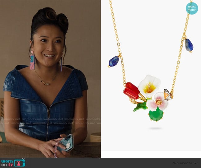 Les Nereides Calla Reeds and Green Stone Statement Necklace worn by Mindy Chen (Ashley Park) on Emily in Paris