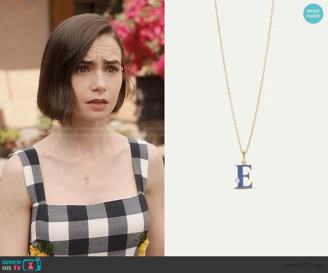 Les Nereides Letter E Pendant Necklace worn by Emily Cooper (Lily Collins) on Emily in Paris
