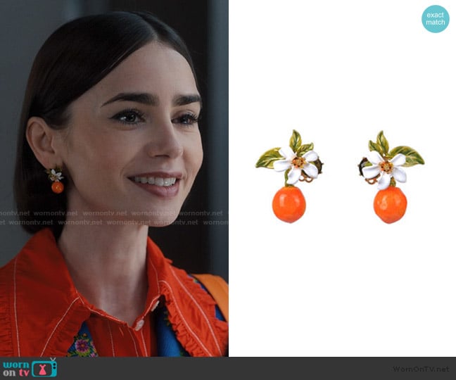Les Nereides Paris Gardens In Provence Orange Post Earrings worn by Emily Cooper (Lily Collins) on Emily in Paris