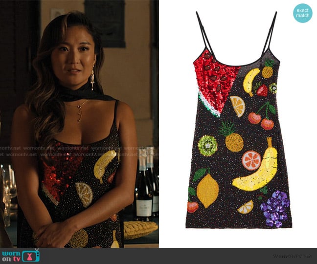 Leslie Amon Bead embellished stretch-tulle mini dress worn by Mindy Chen (Ashley Park) on Emily in Paris