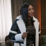 Leslie’s contrasting sherpa coat on Beyond the Gates