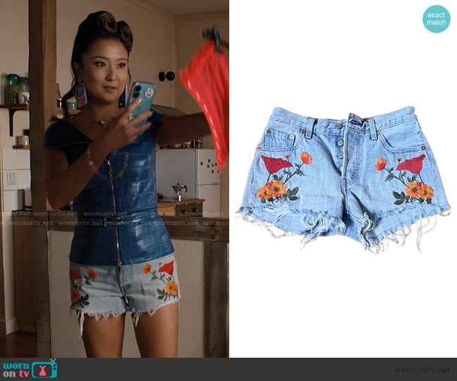 Levis Poppy Embroidered Shorts worn by Mindy Chen (Ashley Park) on Emily in Paris