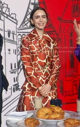 Lily Collins’ orange animal print coat on Good Morning America