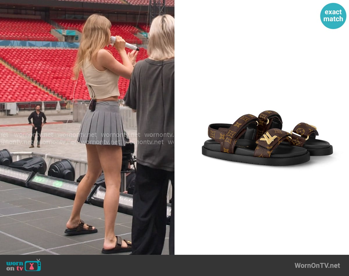 Louis Vuitton LV Sunset Flat Comfort Sandal worn by Taylor Swift on The End of an Era