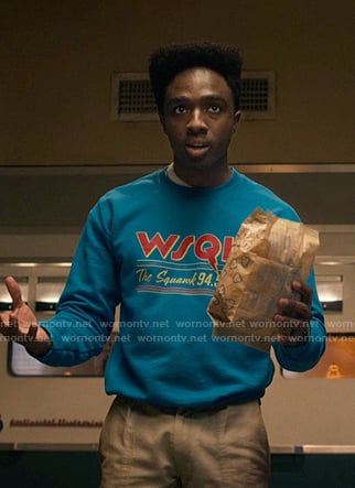 Lucas's blue WSQK print sweatshirt on Stranger Things