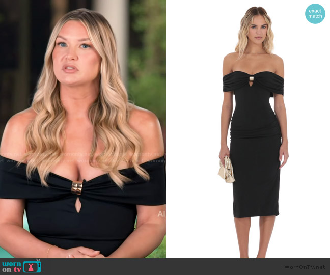 Lucy in the sky Off Shoulder Keyhole Midi Dress in Black worn by Molly O’Connell on Southern Charm