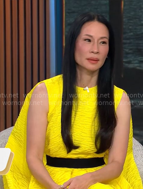 Lucy Liu’s yellow textured dress on CBS Mornings