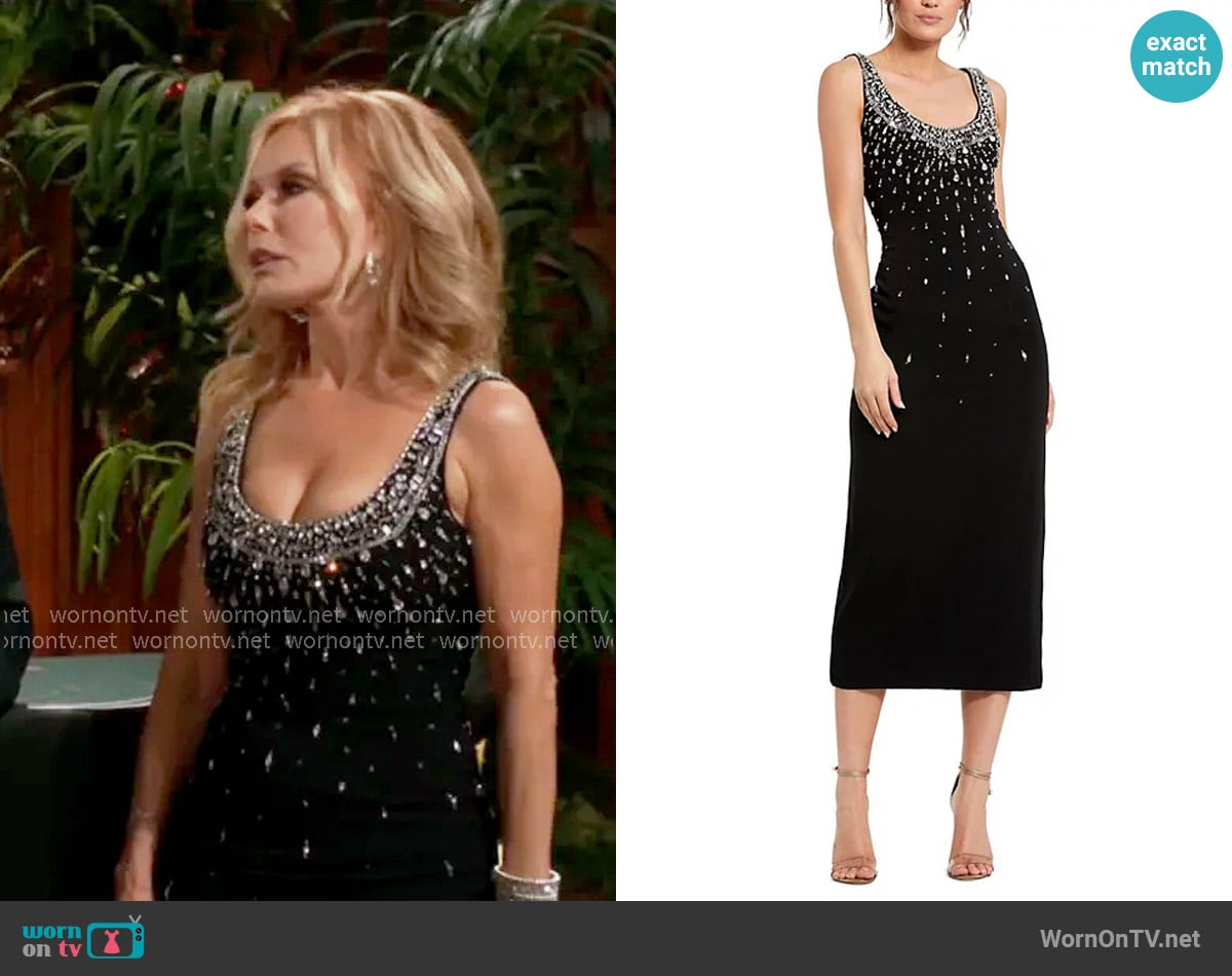 Mac Duggal Beaded Crepe Scoop Neck Sleeveless Midi Dress worn by Lauren Fenmore (Tracey Bregman) on The Young and the Restless