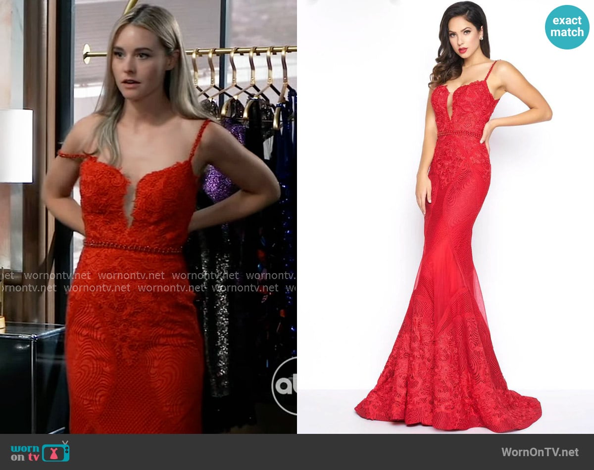 Mac Duggal Plunging Sweetheart Lace Mermaid Gown worn by Jacinda Bracken (Paige Herschell) on General Hospital