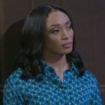 Madison's blue and green printed shirt on Beyond the Gates