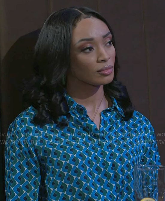 Madison’s blue and green printed shirt on Beyond the Gates