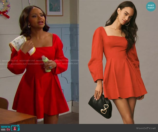 Maeve Long-Sleeve Square-Neck Pleated Mini Dress worn by Chanel Dupree (Raven Bowens) on Days of our Lives