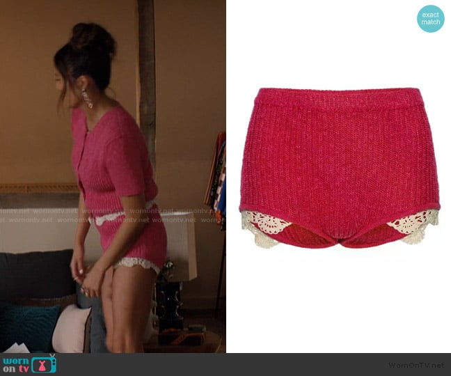 Magda Butrym crochet-trimmed knitted shorts worn by Mindy Chen (Ashley Park) on Emily in Paris