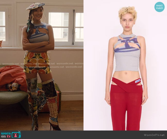 Mindy’s blue cutout top on Emily in Paris