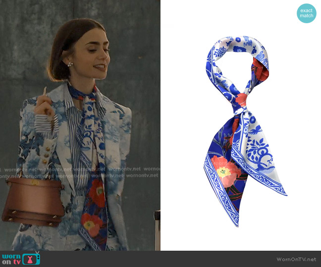 Maison Malfroy Silk Headband in Blue worn by Emily Cooper (Lily Collins) on Emily in Paris