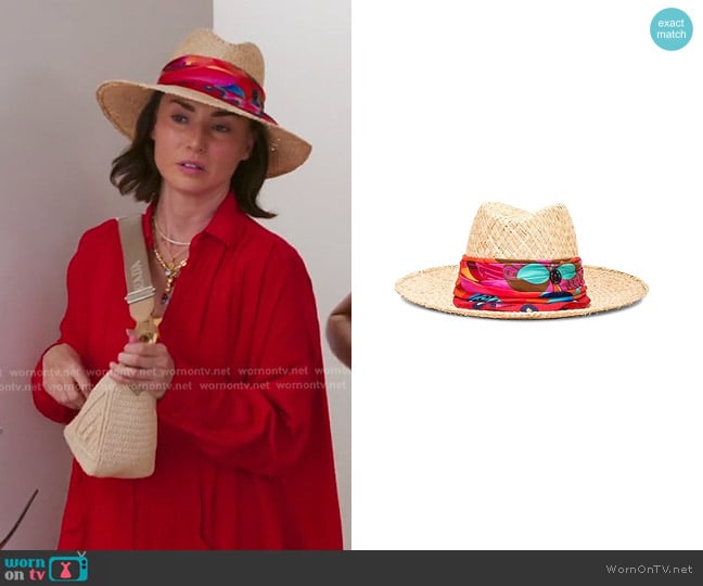 Maison Michel Kate Printed silk-trimmed Raffia Hat worn by Bronwyn Newport on The Real Housewives of Salt Lake City