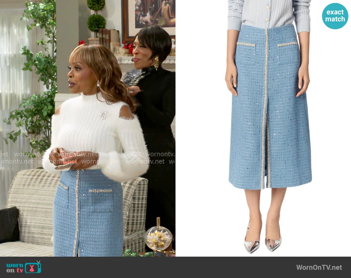 Maje Sequin tweed midi skirt worn by Tracy (Maria Howell) on Beyond the Gates