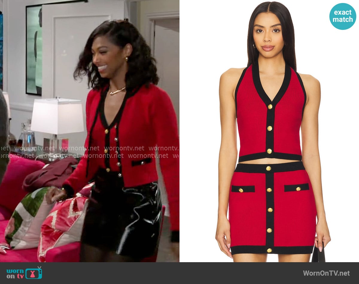 Kat’s red button front top on Beyond the Gates