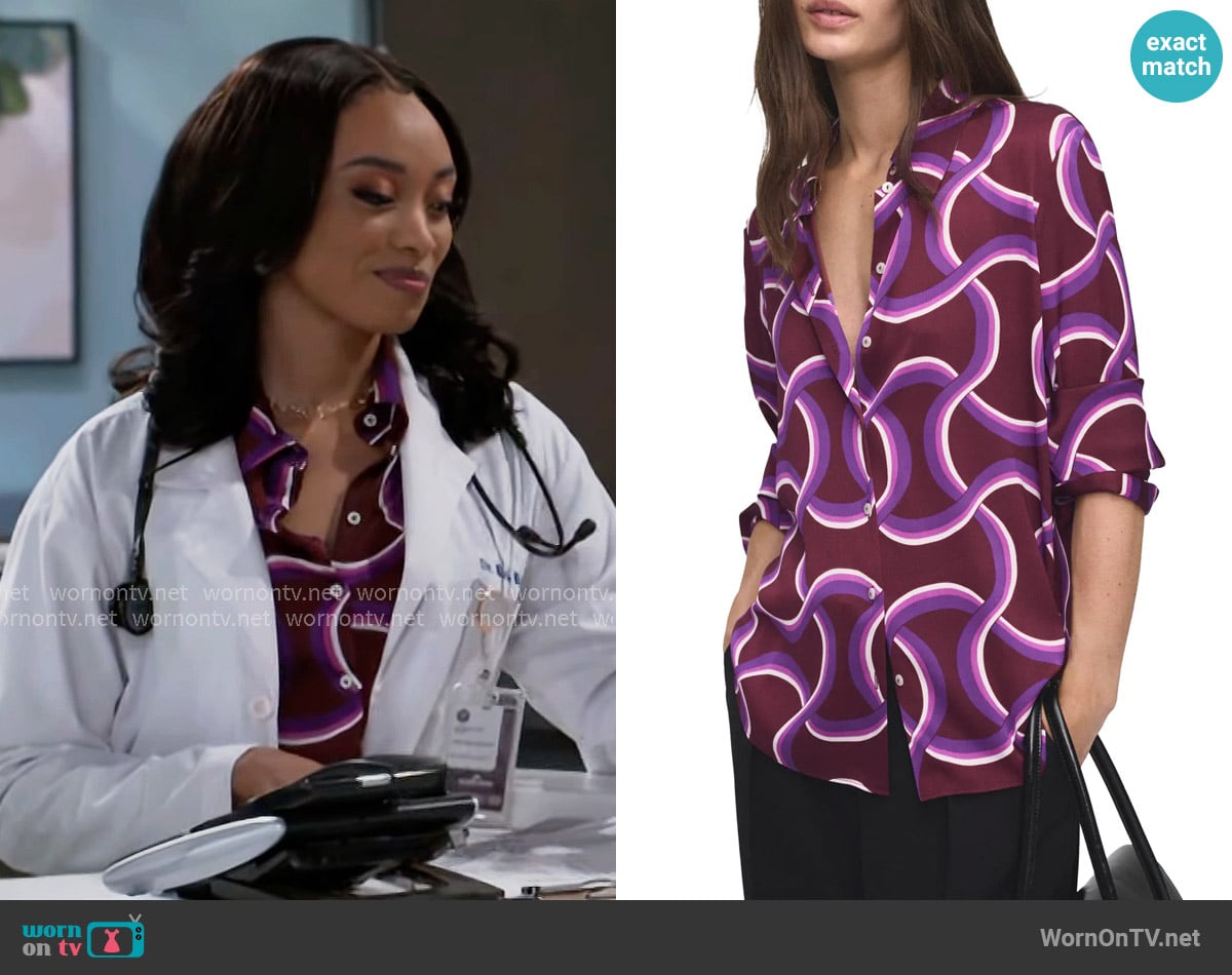 Madison’s purple printed shirt on Beyond the Gates