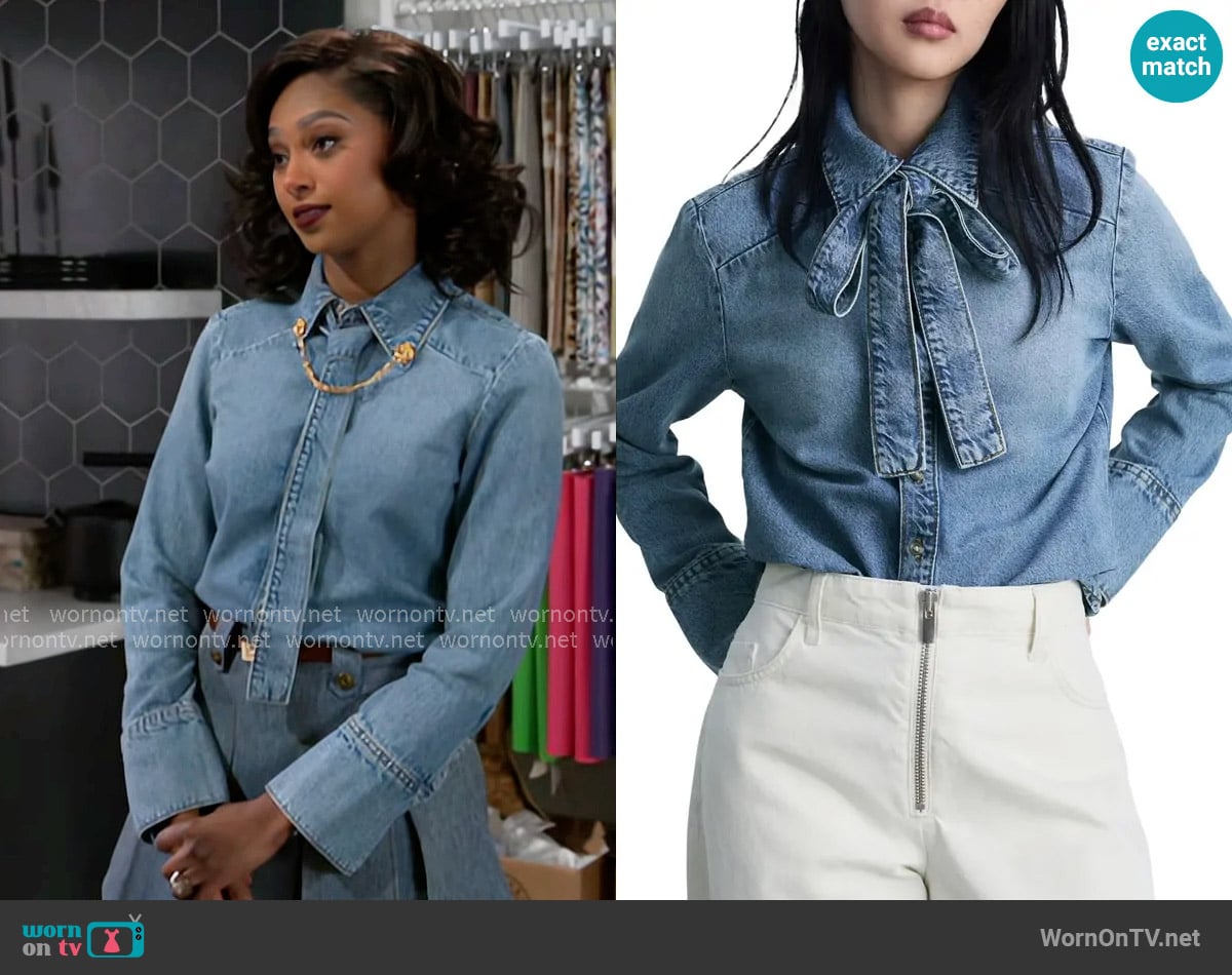 Mango Denim Shirt with Bow worn by Kat Richardson (Colby Muhammad) on Beyond the Gates