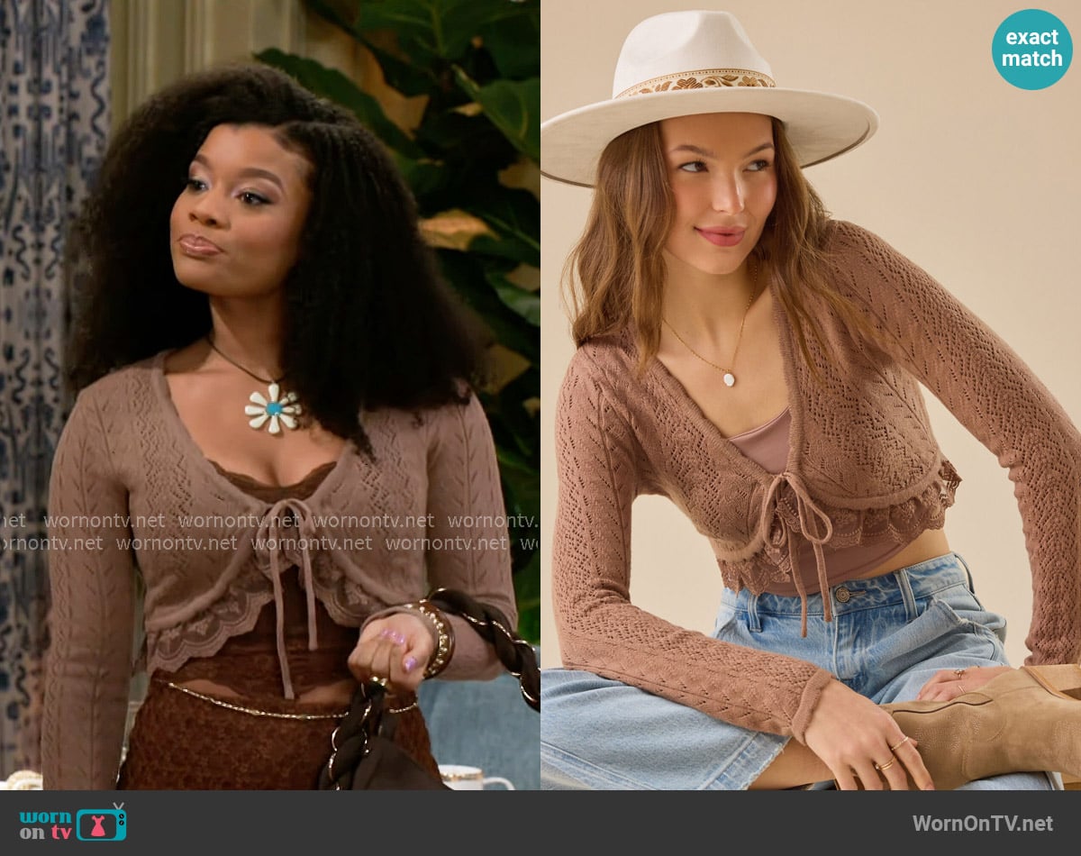  Maria Pointelle Lace Trim Shrug in Brown Altar'd State worn by Eva Thomas (Ambyr Michelle) on Beyond the Gates