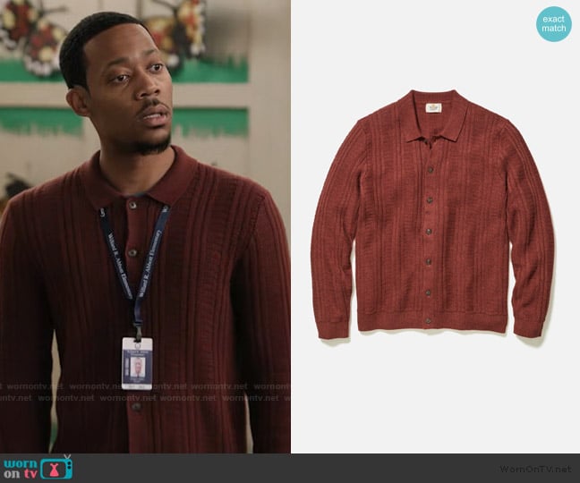 Marine Layer Arthur Sweater Button Down worn by Gregory Eddie (Tyler James Williams) on Abbott Elementary
