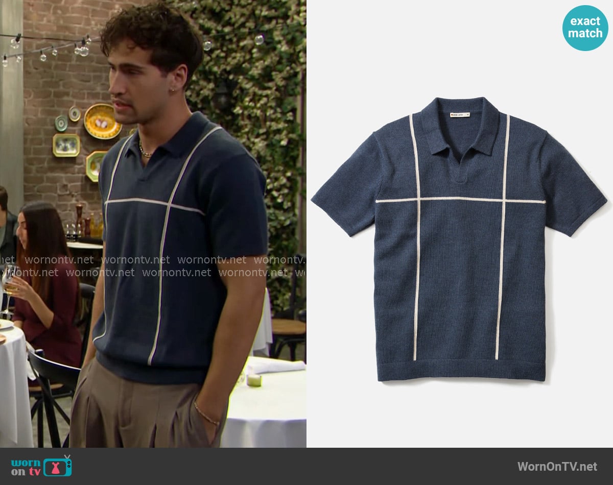 Marine Layer Cliff Sweater Polo in Indigo / Cream worn by Deke (Harrison Cone) on The Bold and the Beautiful
