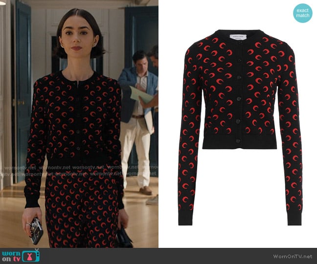 Marine Serre Moon Jacquard Knit Fitted Cardigan worn by Emily Cooper (Lily Collins) on Emily in Paris
