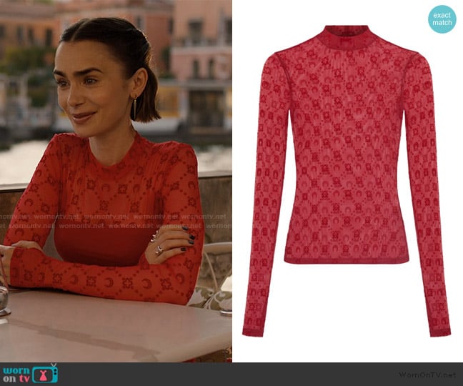 Marine Serre Moonogram high-neck top worn by Emily Cooper (Lily Collins) on Emily in Paris