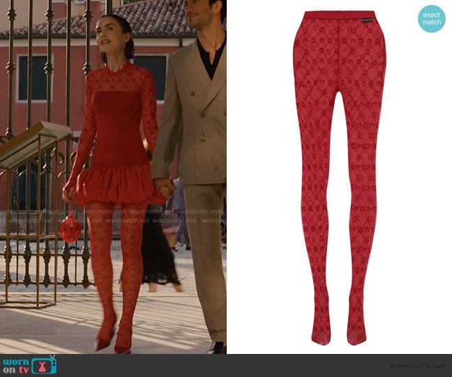 Marine Serre Moonogram mesh tights worn by Emily Cooper (Lily Collins) on Emily in Paris