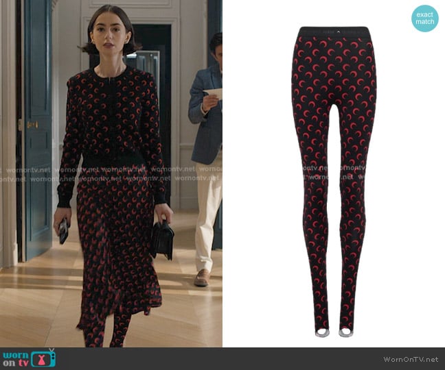 Marine Serre Recycled Moon Jersey Stirrup Leggings worn by Emily Cooper (Lily Collins) on Emily in Paris