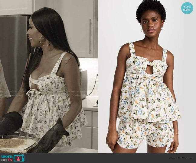 Marissa Webb Leighton Botanical Floral Empire Top worn by Stacey Rusch on The Real Housewives of Potomac