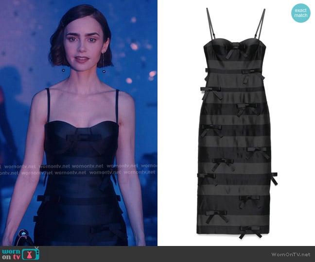 Markgong Bow-Detailing Dress in Black worn by Emily Cooper (Lily Collins) on Emily in Paris