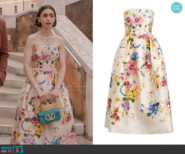 Mary Katrantzou Satin Emile Midi Dress worn by Emily Cooper (Lily Collins) on Emily in Paris