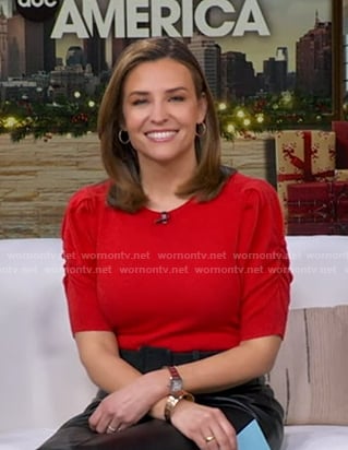 Mary’s red puff short sleeve sweater on Good Morning America