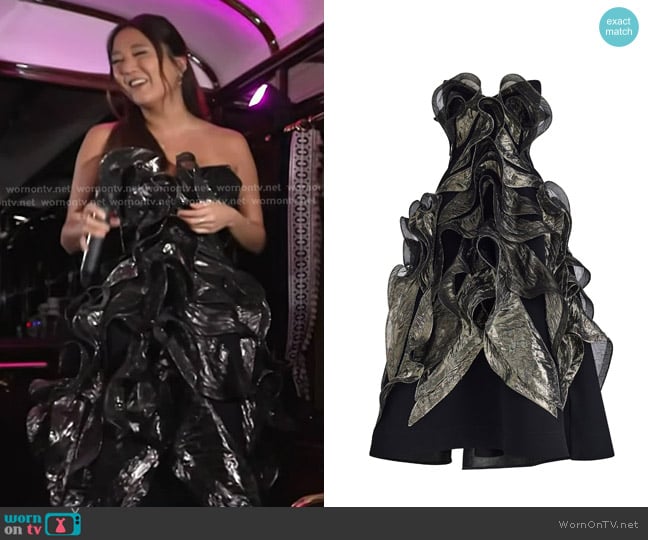 Ashley Park’s black ruffle strapless dress on Today