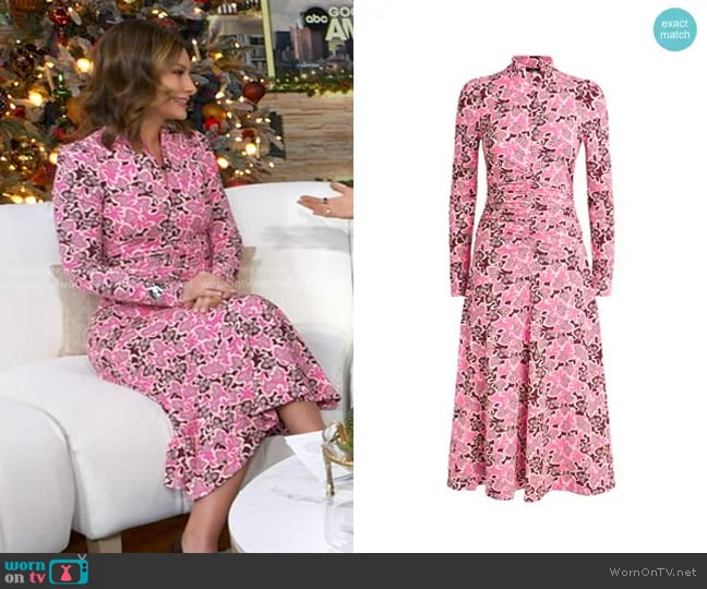 Me + Em Graphic Ribbon Floral Print Midi Dress worn by Rebecca Jarvis on Good Morning America