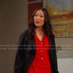 Melinda’s red v-neck ribbed knit dress on Days of our Lives
