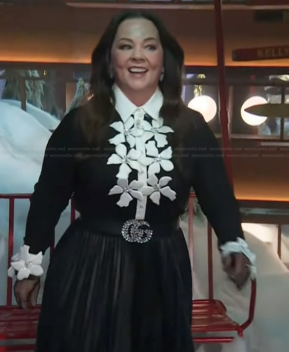 Melissa McCarthy’s black floral applique blouse on The Kelly Clarkson Show